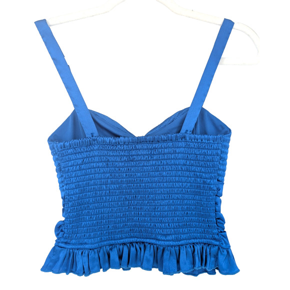 Blue‎ Satin Renaissance Victorian Prairie Ruched Peplum Ruffle Smocked Camisole - Picture 2 of 7